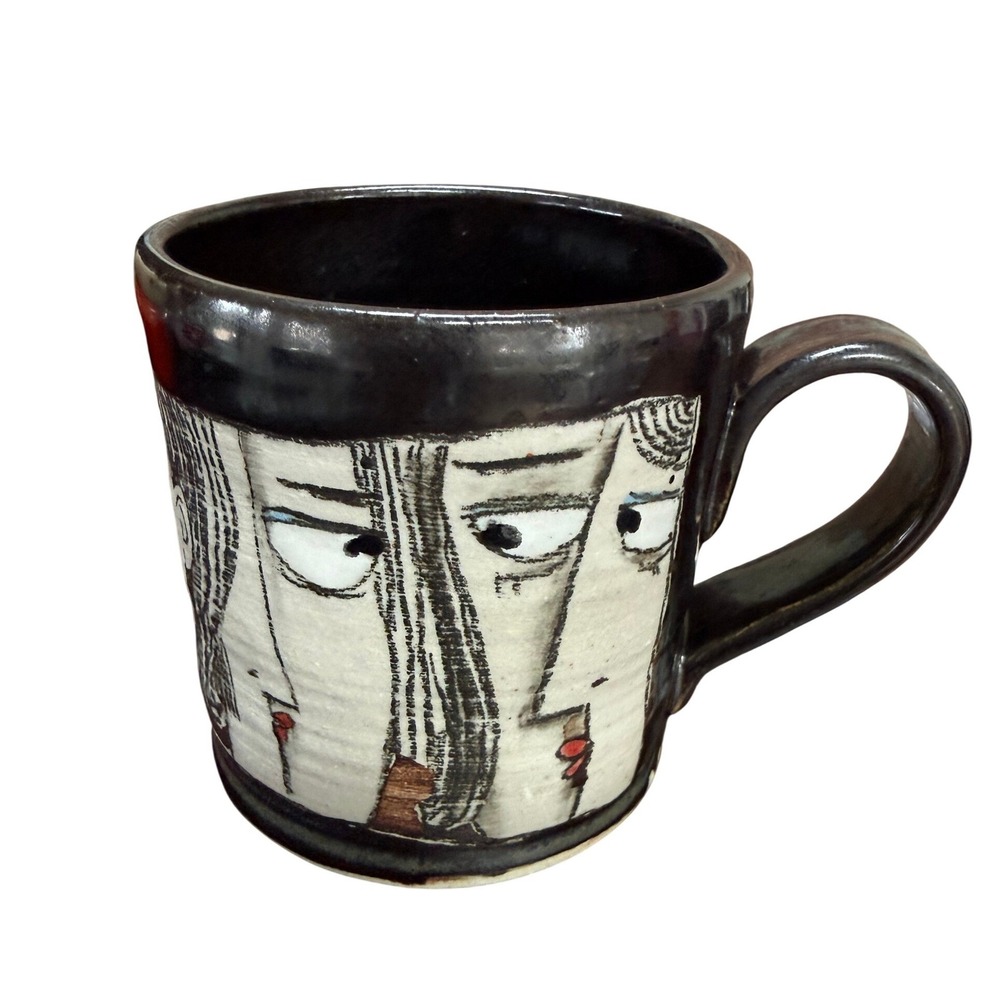 Angela Rogers Ceramic Mug Hand Painted Faces Art Pottery Unique Gift
